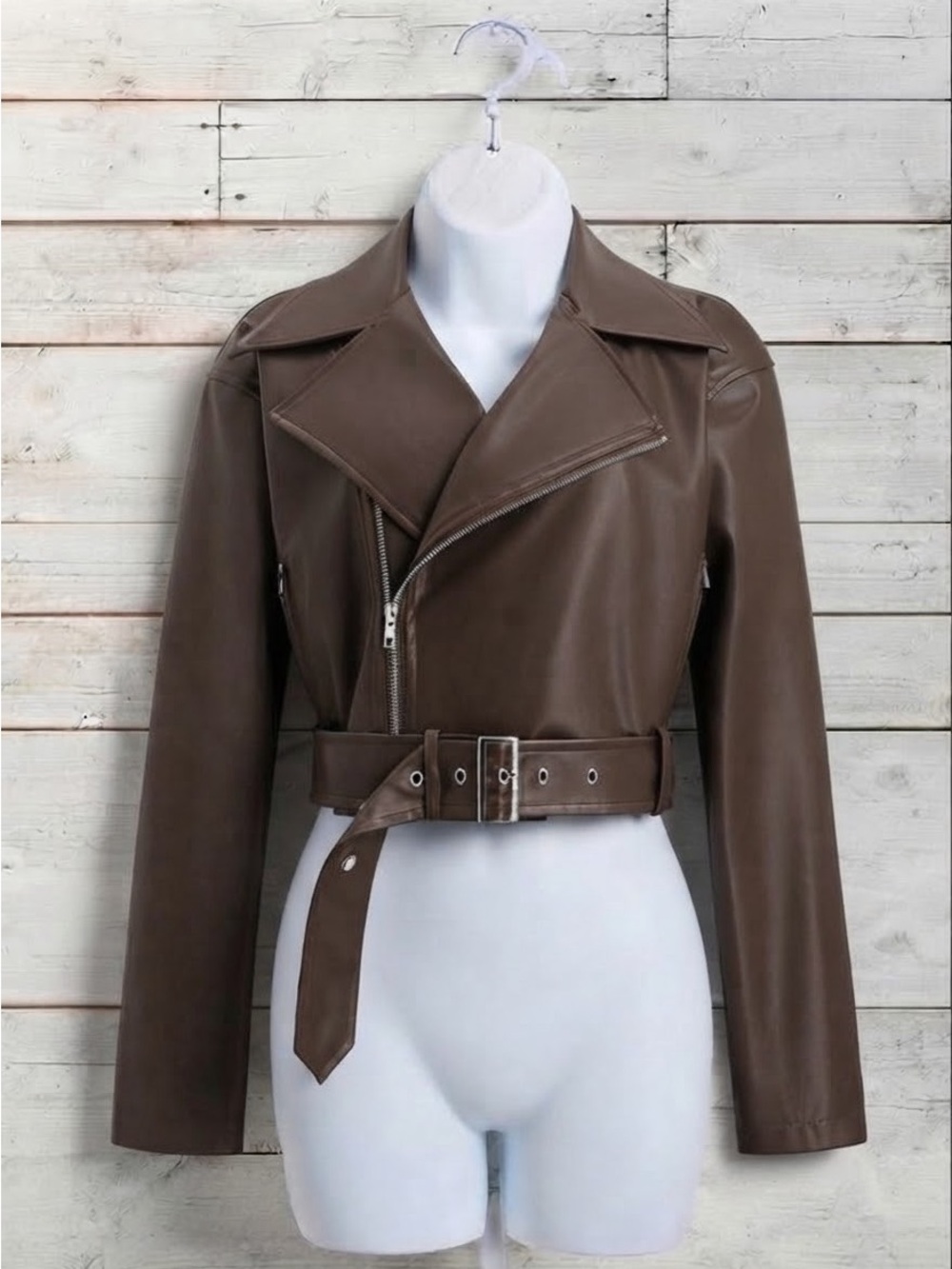 Classic Brown Leather Moto Belted Jacket - Women